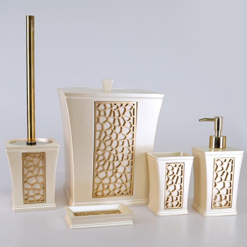 Selim Siena 5 Parça Polyester Banyo Takımı Seti İnci-Altın